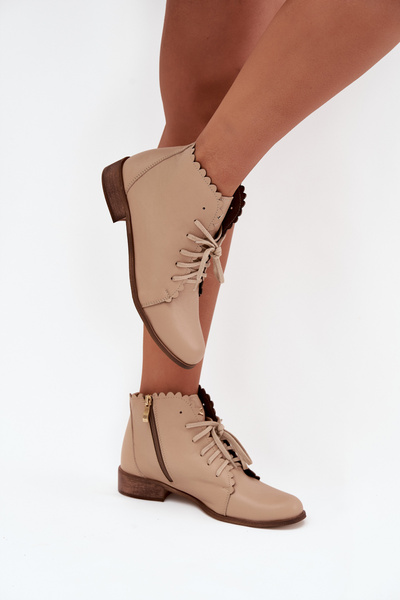 Leder Stiefeletten Mit Flachem Absatz Beige Zazoo 2964