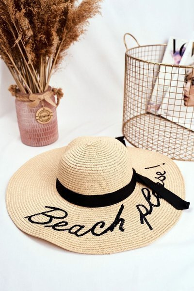 Chapeau Femme 100% Papier Beige A large bord Beach Please