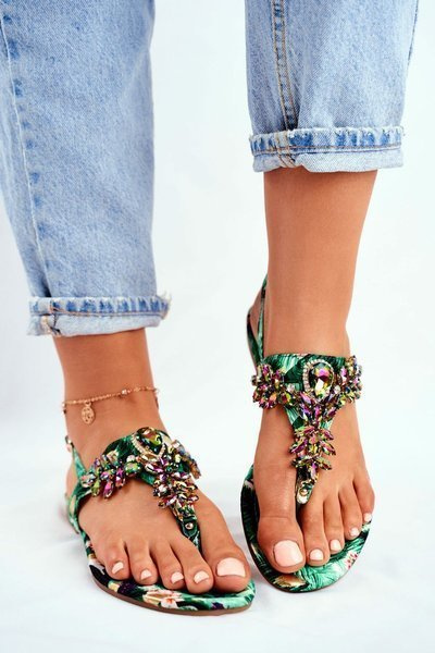 Sandale pentru femei Flip-flops elegante cu cristale verzi sub control