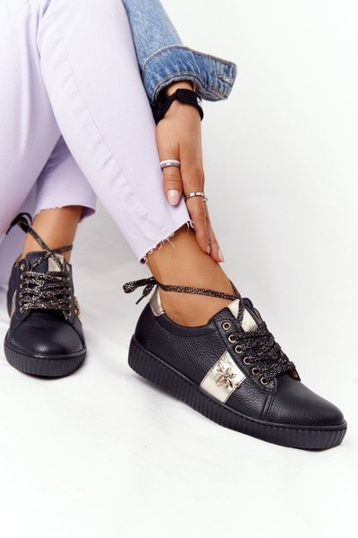 Women's Leather Sneakers Lewski Shoes 2786-0 Black-Gold