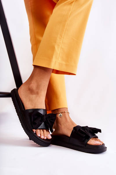 Classic Women's Leather Slippers With A Bow Black Dessy