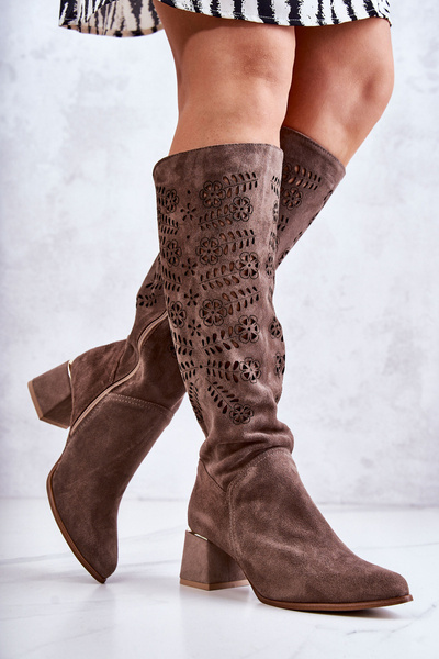 Damen Wildleder Braun durchbrochene Stiefel Lewski Romena