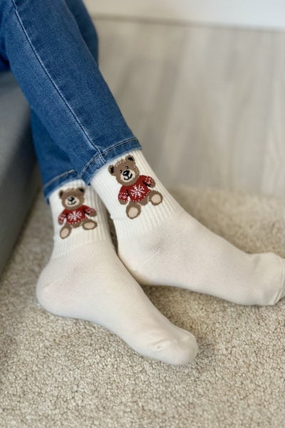 Chaussettes Enfants Jeunes Ours En Tricot Ecru