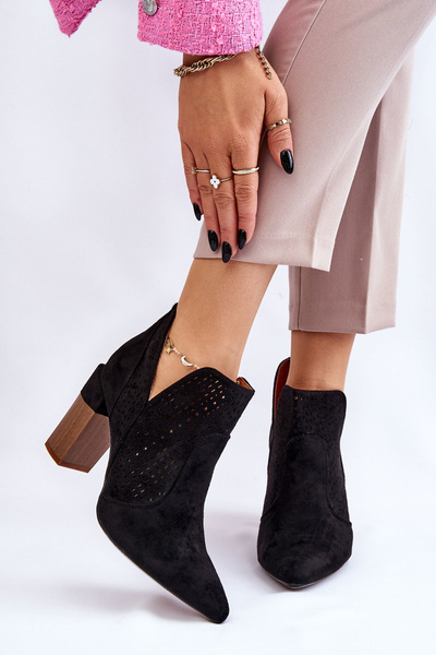 Fashionable Suede Openwork High Heel Boots Black Genevi