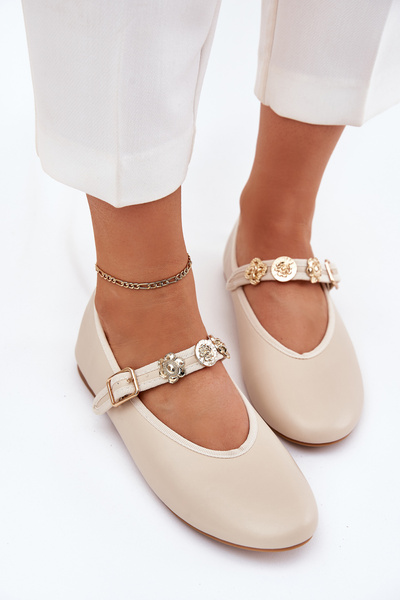 Ballerines Femmes Avec Sangle Et Studs Dorés Beiges Firicene