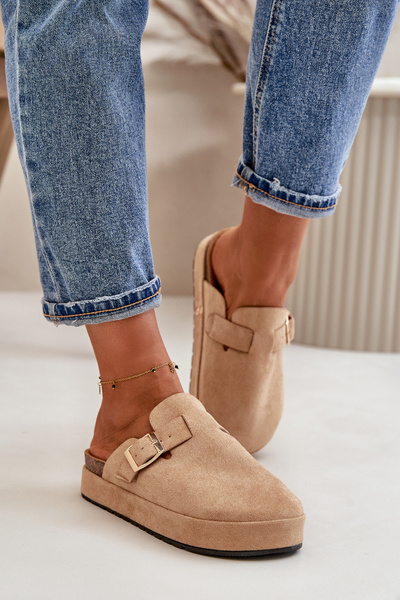 Damen Clogs Mit Goldschnalle Dunkelbeige Terilaina