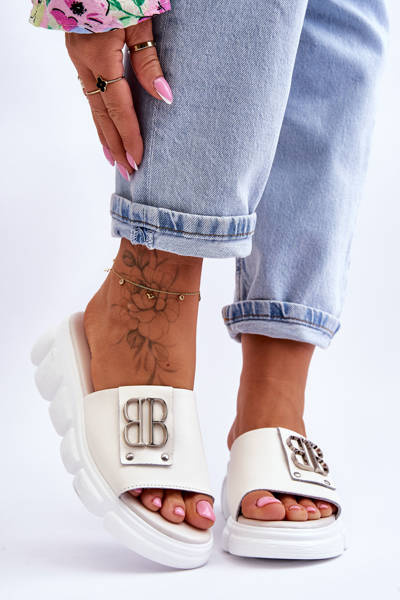 Papuci cu platformă de piele pentru femei cu decorare bej Monroe