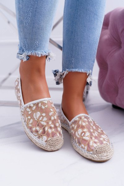 Antgaliai | Baltos Mokassin Balerinas In Flowers Mesh Rede