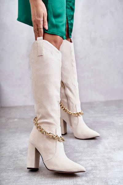 Warme Damen-Wildlederstiefel mit einer Kette in Hellbeige Jasmin