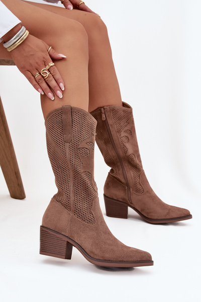 Bottes de cow-boy ajourées pour femmes à talon Beige foncé Olivette