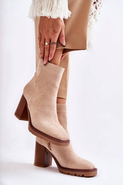 Women's Suede Boots On A Heel With A Zipper Beige Odette