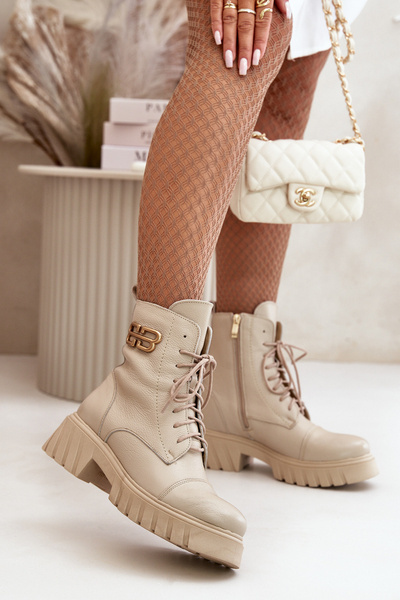 Zazoo 60486 Bottines en cuir pour travailleurs isolés avec détails dorés Beige clair