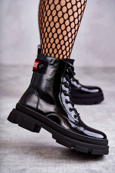 Women's Lacquered Boots Lace-up Workers Black Conny