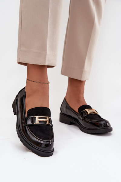 Lackierte Damen Mokassins mit Golddetail S.Barski HY52-545 Schwarz