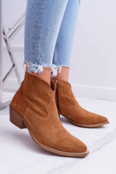 Női lapos sarkú tavaszi bőr cowboy csizma Camel Batty