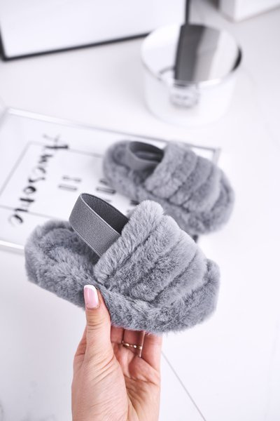 Claquettes enfant avec nœud et fourrure gris Fluffy