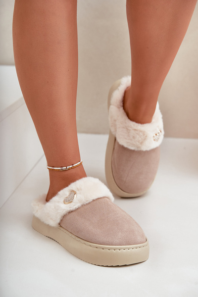 Damen Hausschuhe Mit Fell Und Dekorativem Herz Beige Otielo