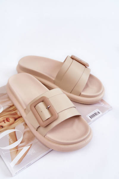 Damen Leder Pantoffeln mit Schnalle Beige Devia