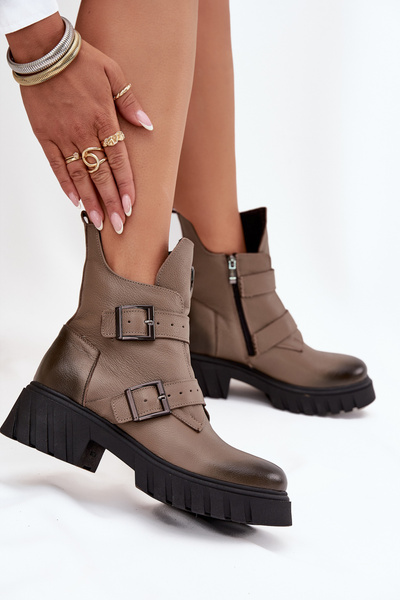 Lederisolierte Damenschuhe mit Schnallen und dekorativem Detail Zazoo 60482 Dunkelbeige