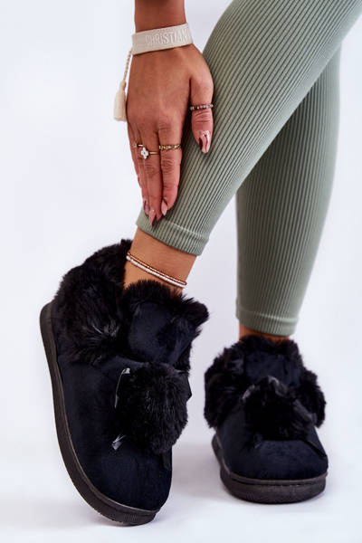 Women's Slip-on Fur Slippers With Pompom Black Noemi