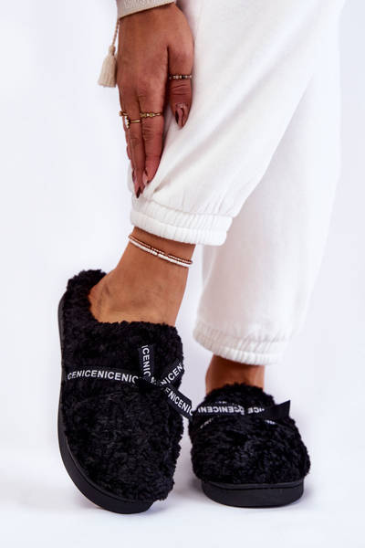 Pantoufles En Fourrure Pour Femmes Avec Noeud Noir Ryana
