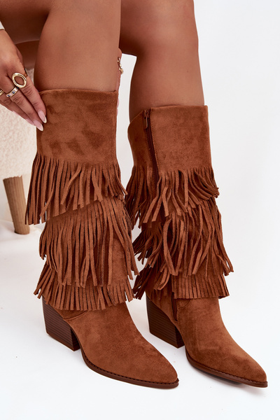 Fűtött Cowboy Csizmák Női Fringes Camel Brivina