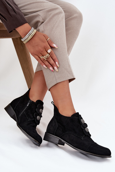 Mocassins en daim pour femmes avec fleurs décoratives Zazoo 3080 Noir