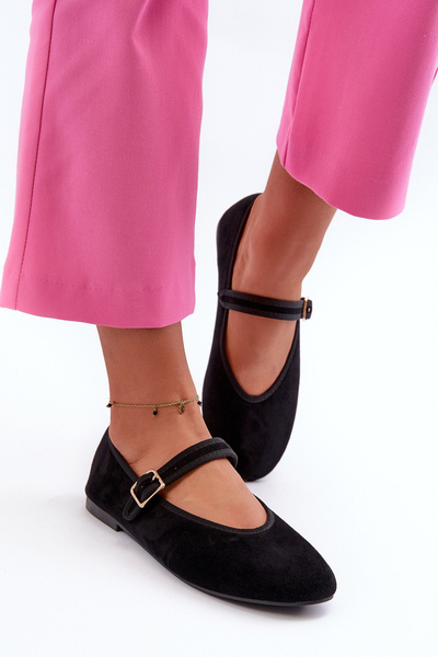 Black Eco-Suede Ballerina Flats with Buckle Anlofi