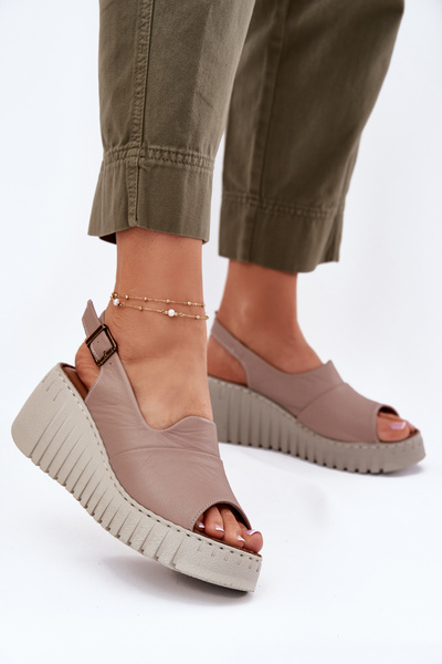 Sandales Dames En Cuir Naturel Sur Wedge Beige Foncé Artiker 54C0788