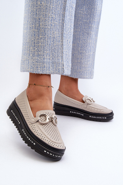 Mocassins Plateforme Femme en Cuir avec Décoration S.Barski LR750 Beige