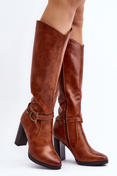 Bottes hautes pour femmes avec talon et détail décoratif Camel Rahallis