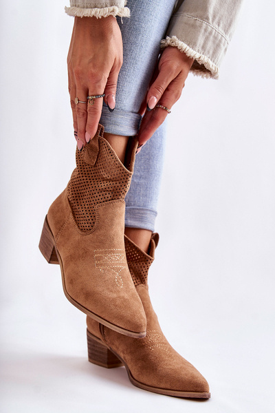 Suede Openwork Cowboy Boots With Stitching Camel Elvire