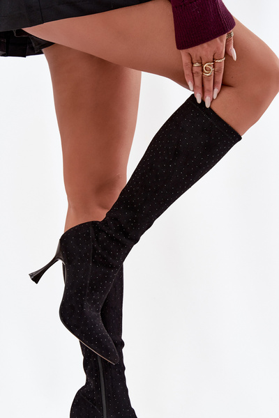 Botine pentru femei cu toc înalt cu decor D&A JC52-883 Negru