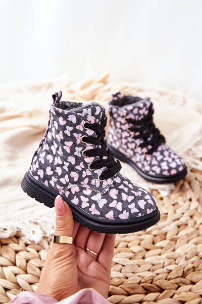 Cizme din lână din piele încălzită cu fluturi gri Amy