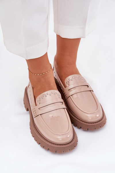 Mocassins Pour Femmes Laqués Avec Décoration Beige Nallae