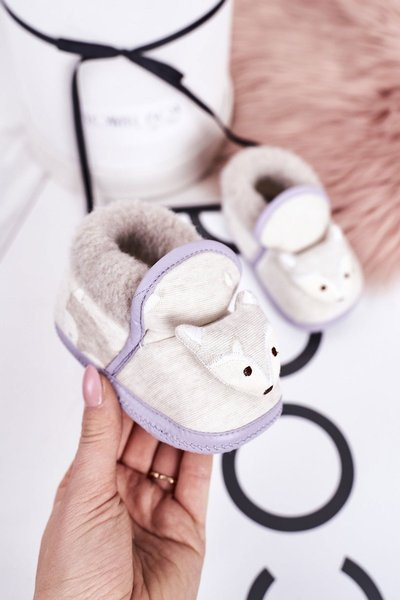 Chaussons d'intérieur pour enfants sur bande élastique avec renard gris Leo