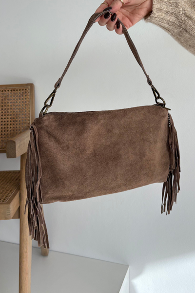 Leather Suede Bag with Fringes Brown Jessira