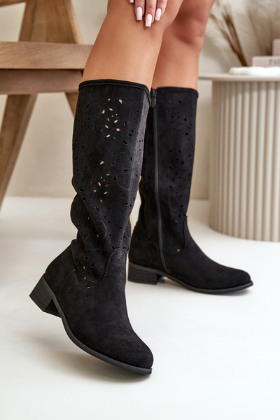 Women's Suede Boots with Lacing Black Tanive