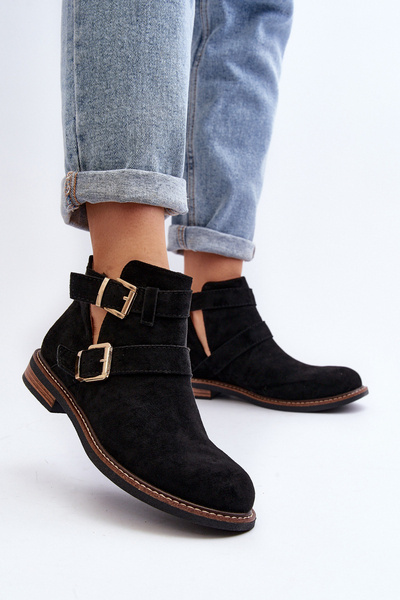 Bottines Femme Talon Plat à Brides Noir Melviana