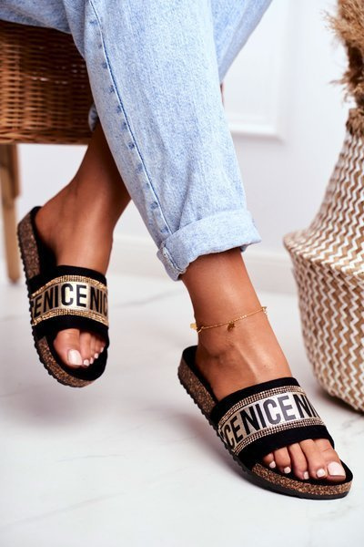 Chaussons Sur Semelle Liège Avec Zircons Noir-Or Be Nice