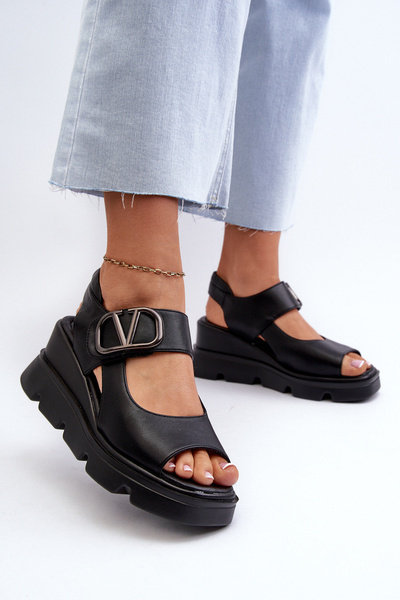 Damen-Sandalen mit Keilabsatz und Plateau aus Kunstleder Schwarz Triaola