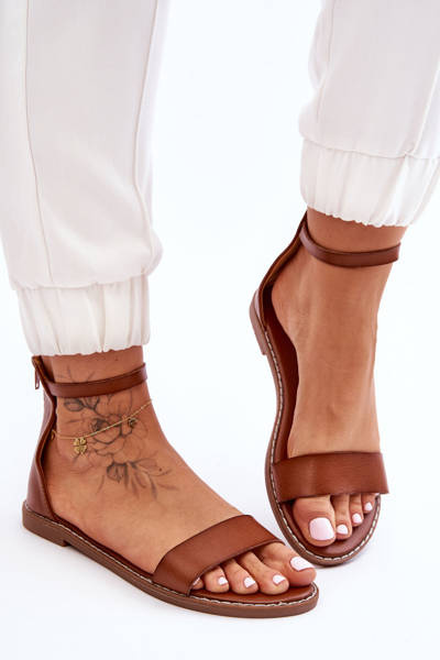Leather Flat Zipper Sandals Brown Millou