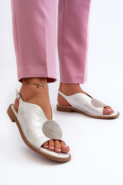 Sandales pour femmes avec décoration sur talon plat S.Barski KV24-057 Argent