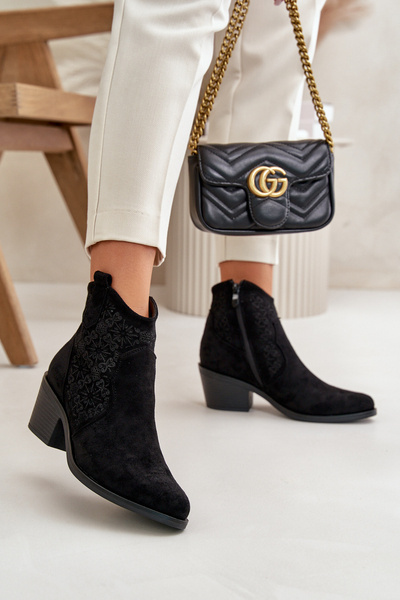 Perforált Cowboy bokacsizma cipzárral Eco Suede fekete S.Barski HY42-944