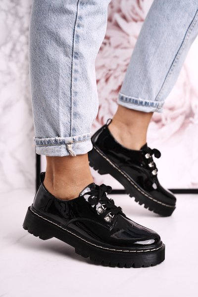 Női Oxfords Brogues Platform S.Barski HX15 Patent Fekete