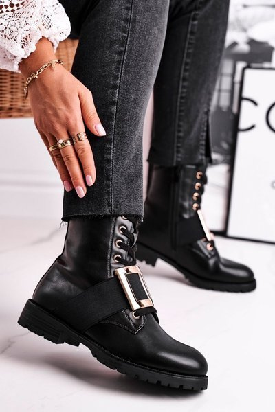 Bottes Femme Avec Boucle Dorée Noir Happy Su