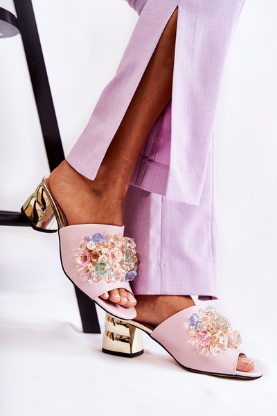 Chaussons Femme En Cuir à Talons Hauts Avec Décoration Rose Calinda