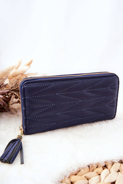 Große gesteppte Brieftasche mit Reißverschluss und Riemen Marineblau
