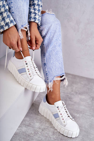 Chaussures de sport en cuir nouées pour femmes Blanc et bleu Ariva