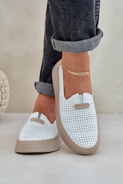 Mocassins Légers Aérés En Cuir Ballerines Femme Sur Plateforme Et Talon Blanc Hanthiel